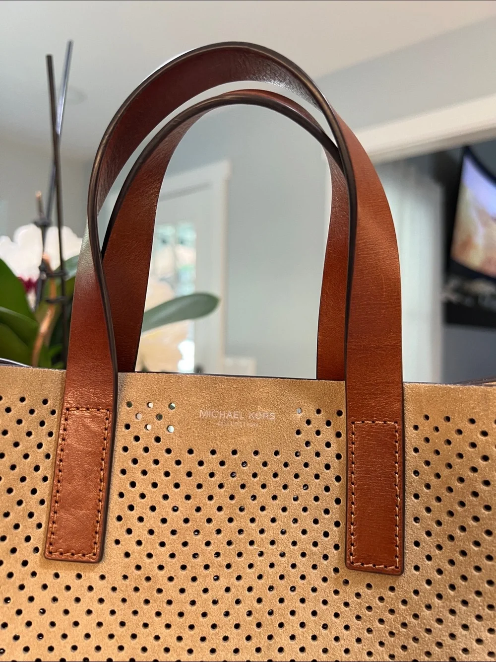 Michael Kors Collection Perforated Suede Tote in Tan with Brown Leather Handles